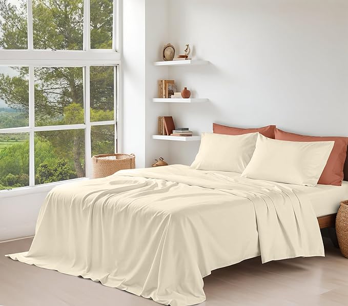 RUVANTI 100% Organic Cotton Sheets Full Size, Percale Weave, GOTS Certified, 4-Piece Set, Deep Pocket 15", Crisp & Breathable, Soft Durable Bedding, Sábanas Algodón Orgánico – Cloud Cream
