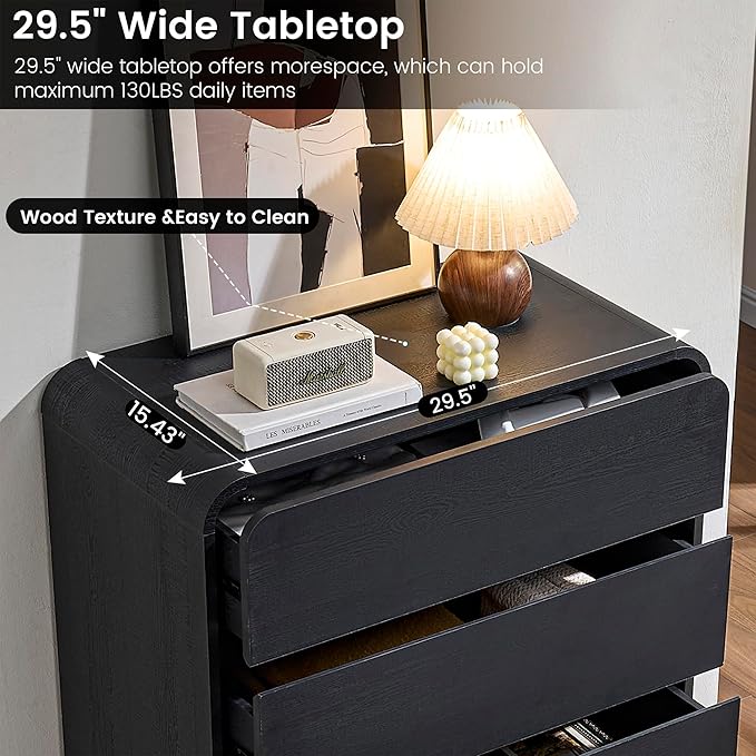 29.5’’ W Dresser for Closet, Black Drawers with Curved Design, Chest Drawer with 5 Drawers, Vertical Drawer with Large Storage, Wooden Dresser for Living Room, Nursery, Entryway