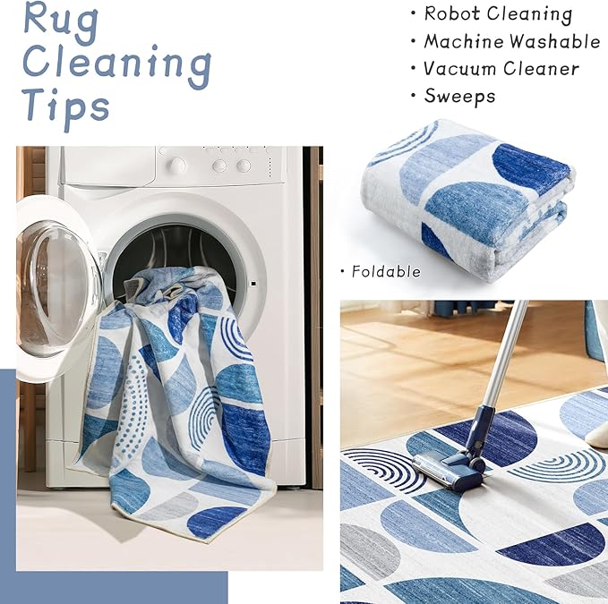 MUJOO Blue Rug Boho Washable,6x9 Area Rugs for Living Room Bedroom Dining Room,Large Throw Floor Carpet Non Slip Soft Modern Abstract Navy Blue