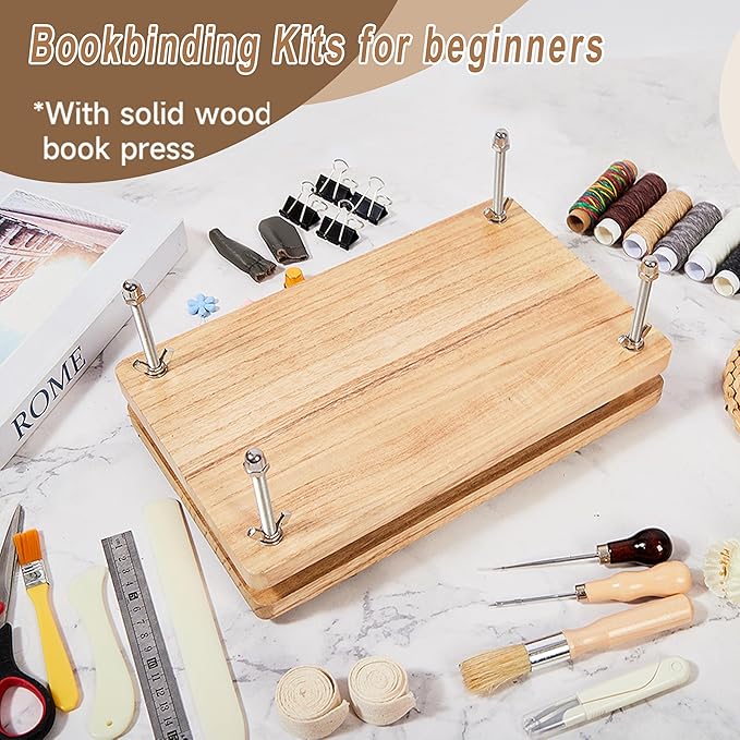 FUXAFU 50 Pcs Book Binding Kits, 13"x7.9" Inch Wooden Book Press，Books Binding Materials, with Bone Folder, Awl, Needles for DIY Bookbinding, BookRepair, Handmade Crafts