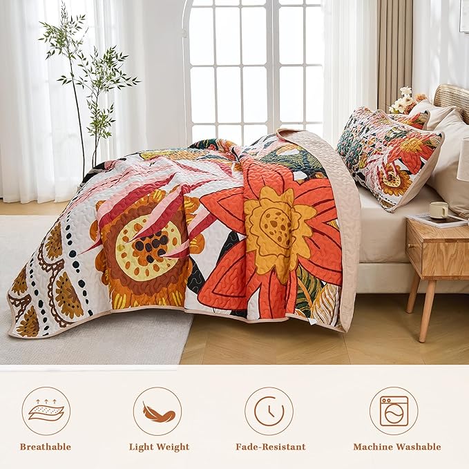 Quilt Set King Size, Boho Floral 3 Pcs Soft Bed Cover Bedding Set, Mid Century Flowers Lightweight Bedspread Coverlet with 2 Pillow Sham for All Season
