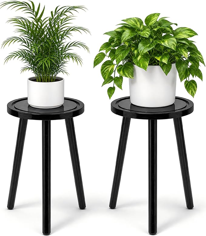 2-Pack Wood Plant Stands Indoor, 16.7" Tall Plant Stand Outdoor Mid-Century Plant Stool, Single Plant Table Modern Small Round Side/End Table for Living Room, Balcony, Office(Black)