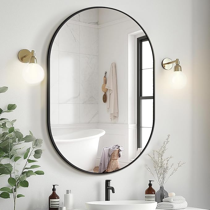 Bathroom Vanity Mirror for Wall, 36''x24'' Black Oval Bathroom Mirror for Over Sink, Bedroom, Living Room, Entryway, HD Tempered Glass, Wall Mounted Horizontally or Vertically