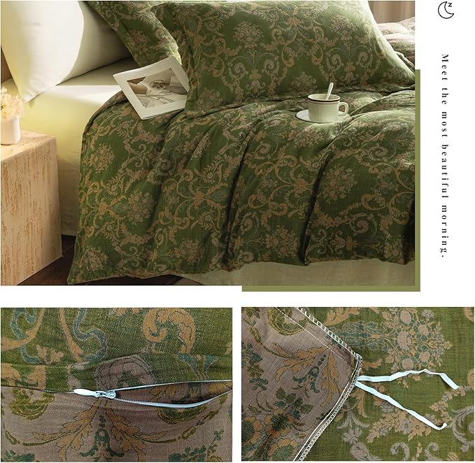 VM VOUGEMARKET Olive Green Duvet Cover Set King,Reversible Medallion Flower Print Bedding Set Linen Cotton Yarn-Dyed Textured Bohemian Duvet Cover with Zipper Closure