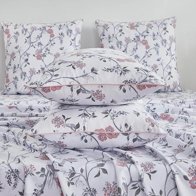 FADFAY Sheets Set Queen Rustic Bird Floral Bed Sheets Set Vintage Botanical Bedding Shabby Branches Leaves Bedding Collections 100% Egyptian Cotton Breathable Soft 17.7" Deep Pocket 4Pcs, Queen Size