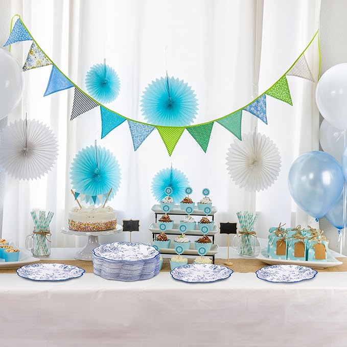 100 Pieces Blue Floral Paper Plates 9 Inches Disposable Blue and White Flower Scalloped Plates Vintage Floral Dinner Dessert Decorative Plate for Wedding Baby Shower Birthday Party Supplies