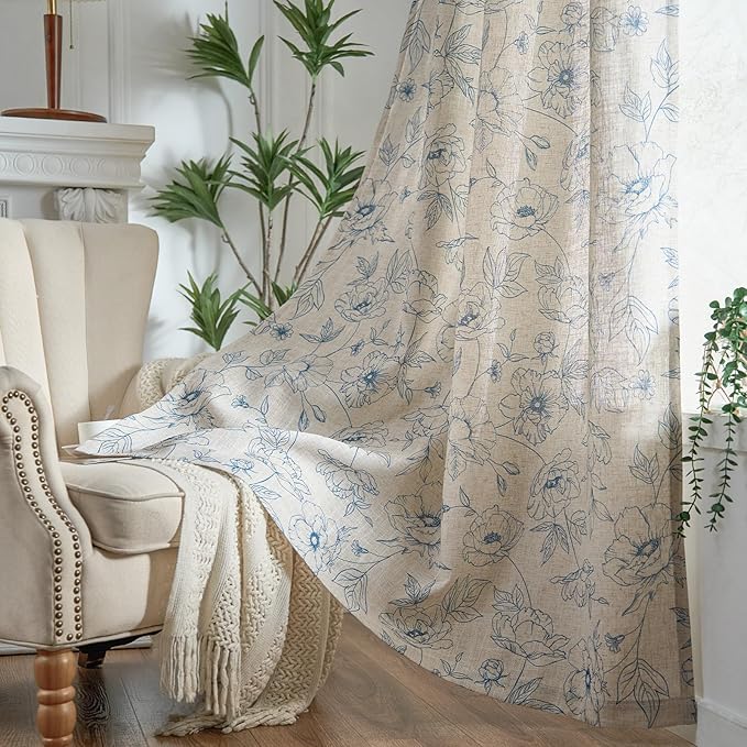 jinchan Floral Linen Curtains for Living Room 84 Inch Length Blue Flower Curtain Rod Pocket Back Tab Farmhouse Curtains with Printed Floral Bedroom Window Curtain Set, 2 Panels Blue