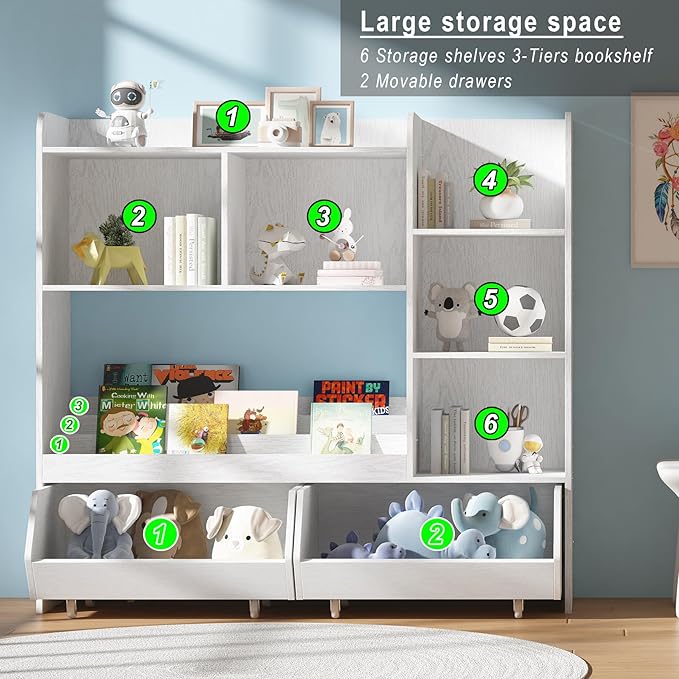Toy Storage Organizer, Kids Bookshelf and Cabinet for Boys and Girls, Kids Bookcase and Storage Bin with Moveable Drawers for Nursery Room (White)