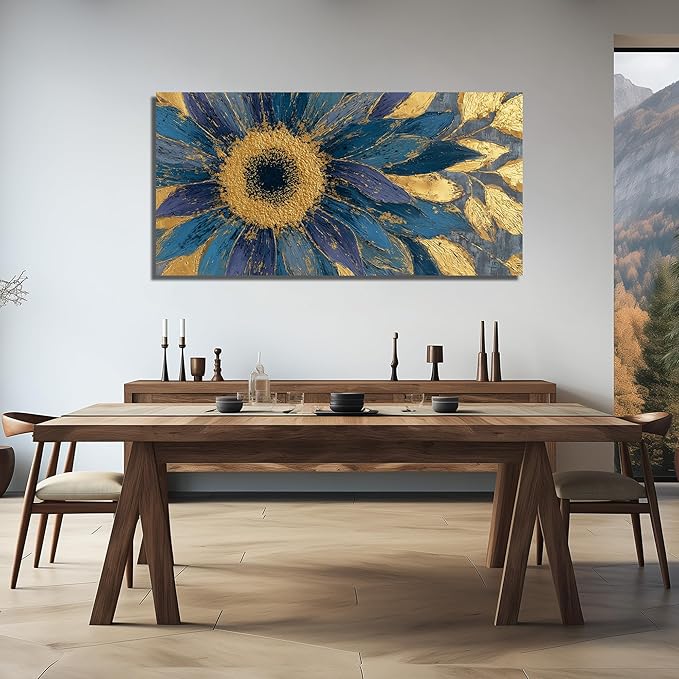 JuhaiArt Blue Wall Art Bedroom Large Gold Flower Canvas Wall Decor Floral Picture Art for Living Room Office 29" x 59" Sunflower Abstract Artwork