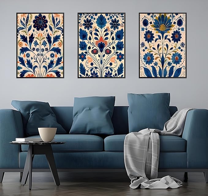 3 Pcs Blue Boho Flower Canvas Wall Art, Floral Painting Poster Wall Decor,Wildflower Botanical Picture for Wall Living Room Bathroom Bedroom Home Decoration 16 * 24 in (Poster no Framed)