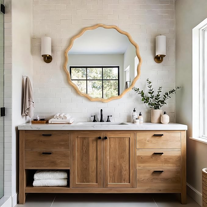 AMOISE Scalloped Round Mirror 28", Boho Wavy Wooden Frame Wall Mirror, Shatterproof Circle Accent Mirror for Bathroom, Bedroom, Entryway and Living Room