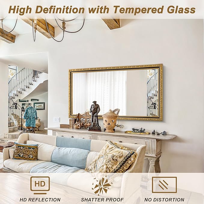 Vintage Large Wall Mirror for Wall, 59'' x 29'' Gold Antiuqe Living Room Mirror with Black Gold Frame, Traditional Ornate Gold Wooden Mirrors, Horizontal/Vertical