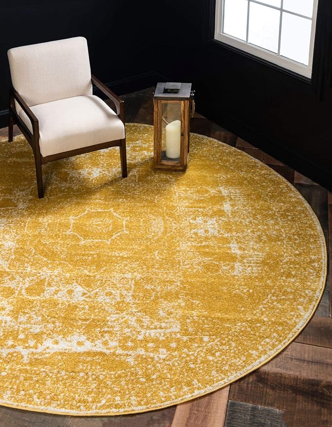 Unique Loom Bromley Collection Area Rug - Wells (8' Round, Yellow/ Ivory)