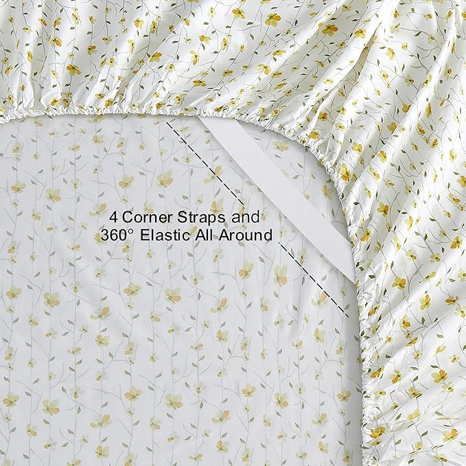 Softan King Sheet Set Yellow Floral Bed Sheets Printed Sheets - 4 Piece Soft Microfiber Patterned Fitted Sheets King with 15" Deep Pocket and Corner Straps, Cute Yellow Flower Sheets & Pillowcase Set