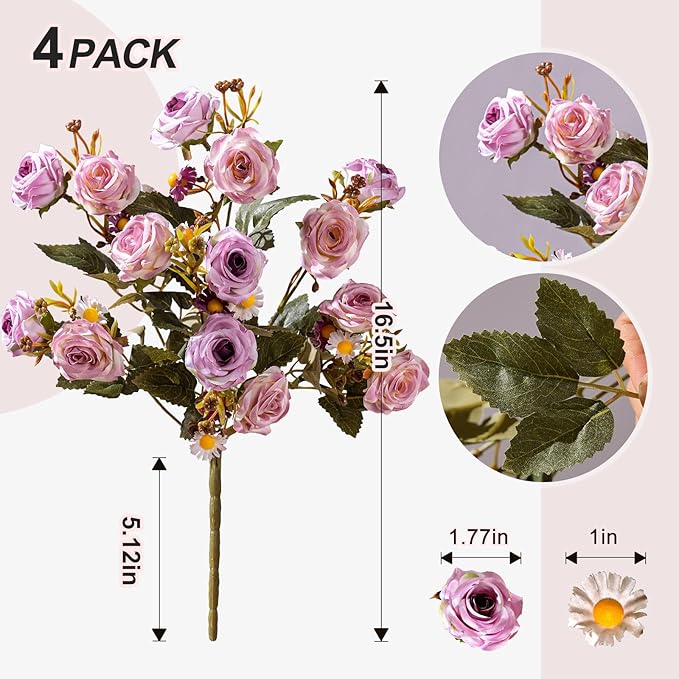 Artificial Rose Flowers for Outdoor 4 Bundles Rose Bouquet with Daisy Faux Flowers UV Resistant for Home Indoor Outside Garden Porch Window Box Balcony Yard Porch Fall Decor (Purple)