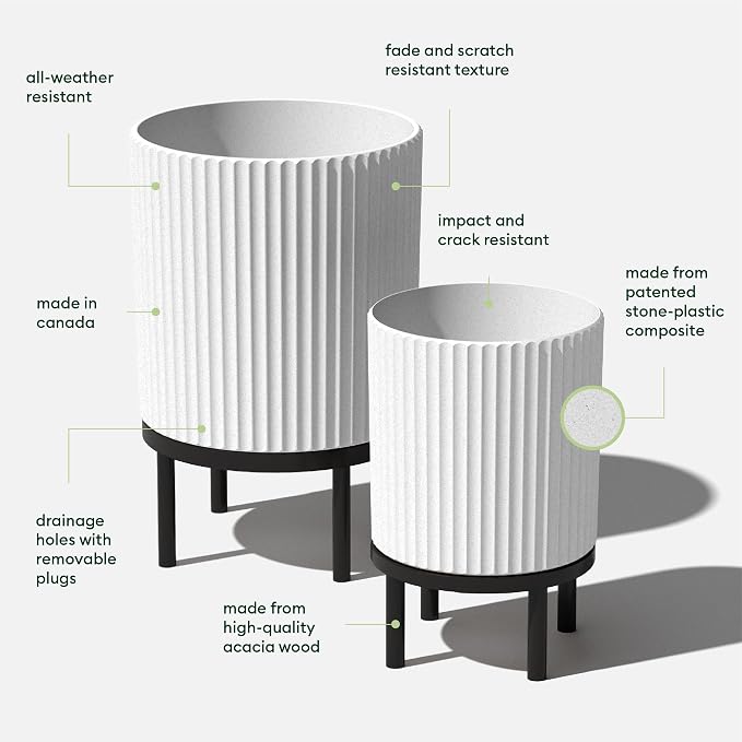 Veradek Demi Series Round Planter w/Stand for Porch/Patio | Durable Plastic-Stone Composite & Wooden Stand | Modern Décor for Tall Plants, Flowers