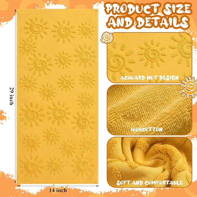 SmoothNovelty 2 Pcs Boho Hand Towels Orange Yellow Towels for Bathroom Sunshine Cotton Absorbent Jacquard Weave 3D Sun Kitchen Decor for Gift Christmas Drying Cleaning Cooking(Yellow)