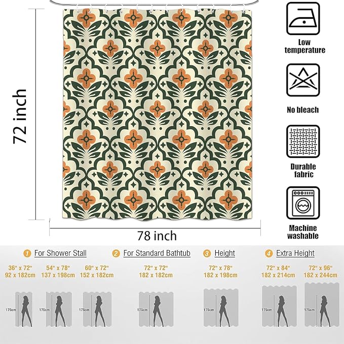 Vintage Boho Floral Shower Curtain，Mid Century Modern Abstract Orange Green Bathroom Curtain，Polyester Fabric Waterproof Bath Curtains 72x78 Inch with 12 Hooks