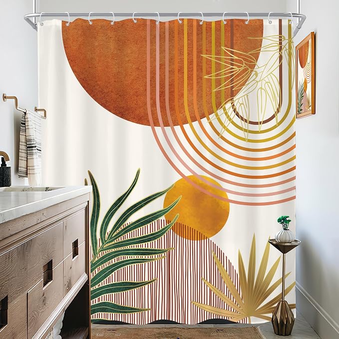 KOMLLEX Mid Century Orange Boho Shower Curtain for Bathroom Decor 72Wx84H Inches Abstract Retro Gold Minimalist Modern Arch Geometric Neutral Fabric Waterproof Polyester 12 Pack Hooks Pack Hooks