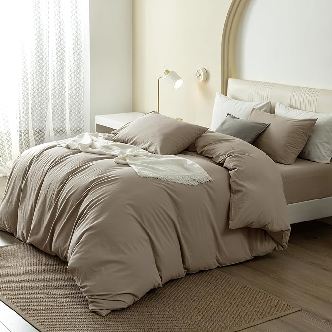JIYUAN 100% Washed Cotton Duvet Cover Set 3 Pieces Oversized King, 1 Duvet Cover 120x98 Inches(Comforter Not Included) and 2 Pillowcases,Linen Feel Bedding Set Comfy and Breathable,Khaki