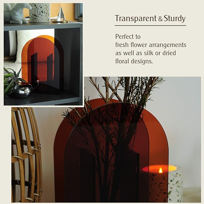 Acrylic Vase Modern Arch Shape Vase for Wedding Party Flowers Centerpieces Home Office Decor (Brown)
