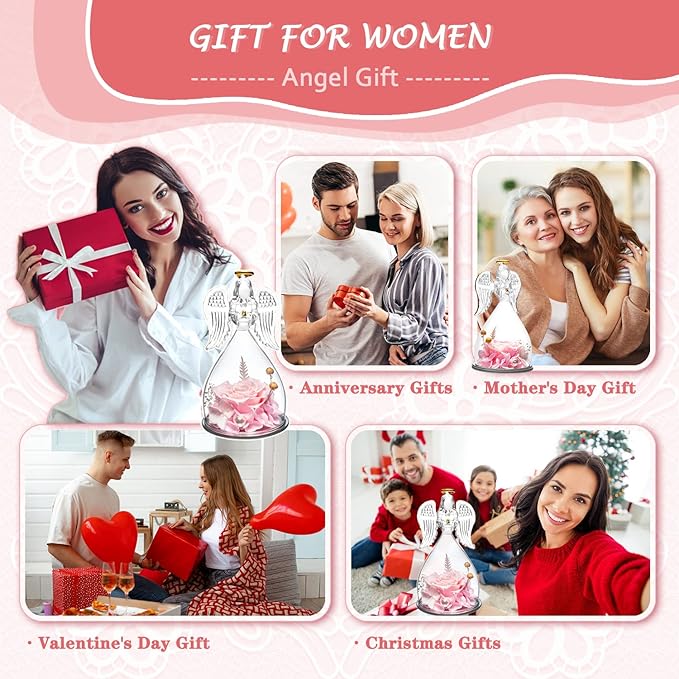 ANWEAO Women Gifts for Christmas Preserved Rose Forever Flower in Glass Angel Figurines Fresh Flowers for Delivery Prime Gifts for Mom, Real Pink Roses Gift for Grandma Mom Sister Wife Her
