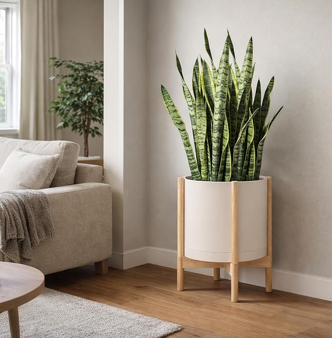 D'vine Dev Planter Pot with Stand - 16 Inch Plastic Cylinder Flower Pot with Wood Planter Holder for Indoor, Oatmeal Pot + Natural Stand, 55-C-Y-4