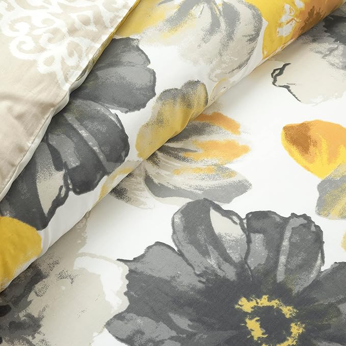 Lush Decor Leah Reversible 100% Cotton Duvet Cover Set, 3 Piece Set, King, Yellow & Gray - King Bedding Set - Yellow Duvet Cover - Country Floral Decor