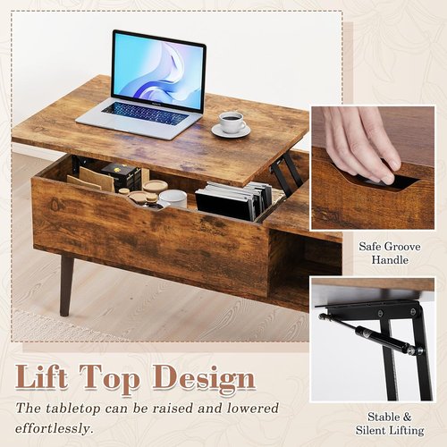 OLIXIS Wooden Coffee Table - Lift Top Design with Hidden Storage Compartment | Rustic Style for Small Spaces