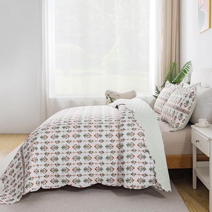 HoneiLife Queen Quilt Bedding Set - Wildflower Quilt Sets for Queen Bed,3-Piece Microfiber Bedspreads,Lightweight Coverlets Botanical Bed Cover,Floral Bedding Set All Season Quilts-Sweet Grass