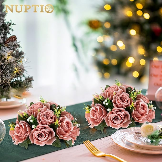 NUPTIO Artificial Flower Centrepieces for Tables - 6 Pcs Dusty Rose Fake Flowers Roses Balls 9.5in Diameter - Silk Faux Rose Arrangement for Wedding Party Centerpiece Table Decorations