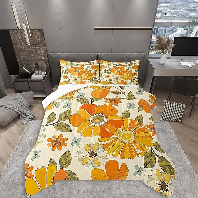 Castle Fairy Retro Flowers Bedding Set King Size,Watercolor Yellow Floral Green Leaves Plant Comforter Set Room Decor for Couple,70s Trippy Daisy Microfiber Down Comforter,2 Pillowcases