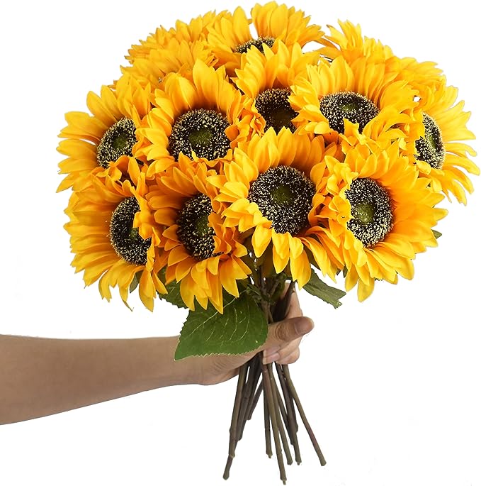 8pcs Artificial Sunflower Flowers Long Stem Large Silk Sunflowers Bridal Wedding Bouquet Fake Yellow Flower Arrangements for Outdoor