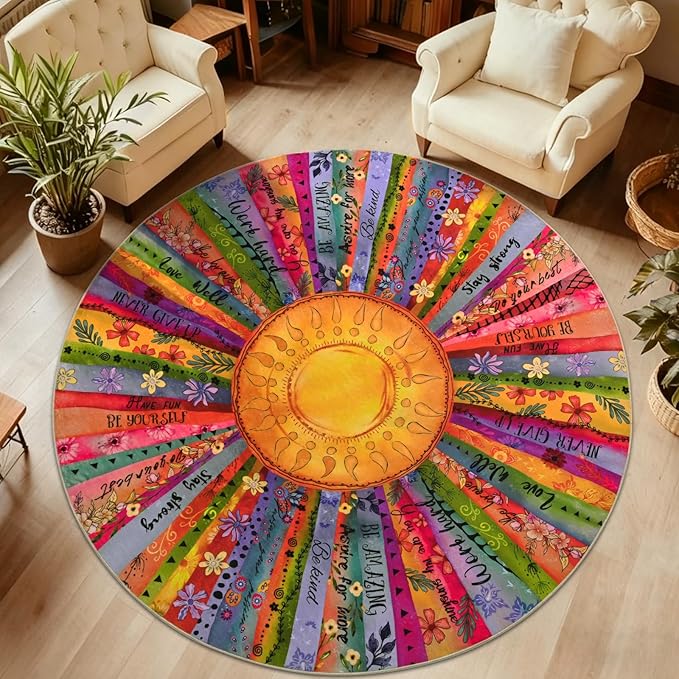 Likiyol Sun Round Rug 6Ft Non Slip Washable Round Area Rug for Living Room, Soft Faux Wool Inspirational Bedroom Rugs Colorful Rugs Low Profile for Dining Room, Kids Room Home Office Decor