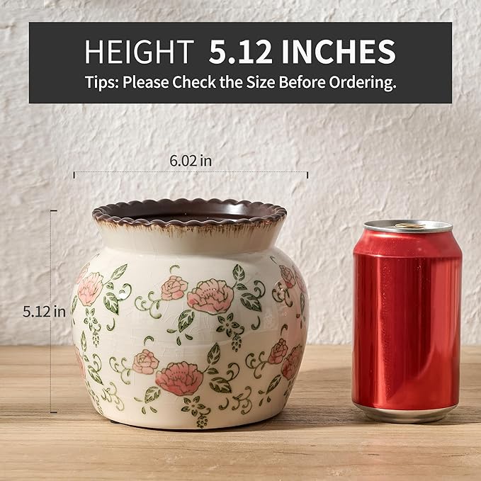 SIDUCAL Ceramic Red Rose Floral Vase with Wide Mouth Lace, 4.84 Inch Cracked Chinoiserie Rustic Farmhouse Vases, Pastoral Retro Vase for Home Decor, Table, Living Room, Bathroom, Shelf, Wedding