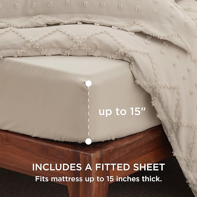 Bedsure Boho Duvet Cover King Size with Fitted Sheet - Boho Bedding Comforter Set, 4 Pieces, Includes 1 Duvet Cover 104"x90" with Zipper Closure, 2 Pillow Shams, 1 Fitted Sheet, Beige