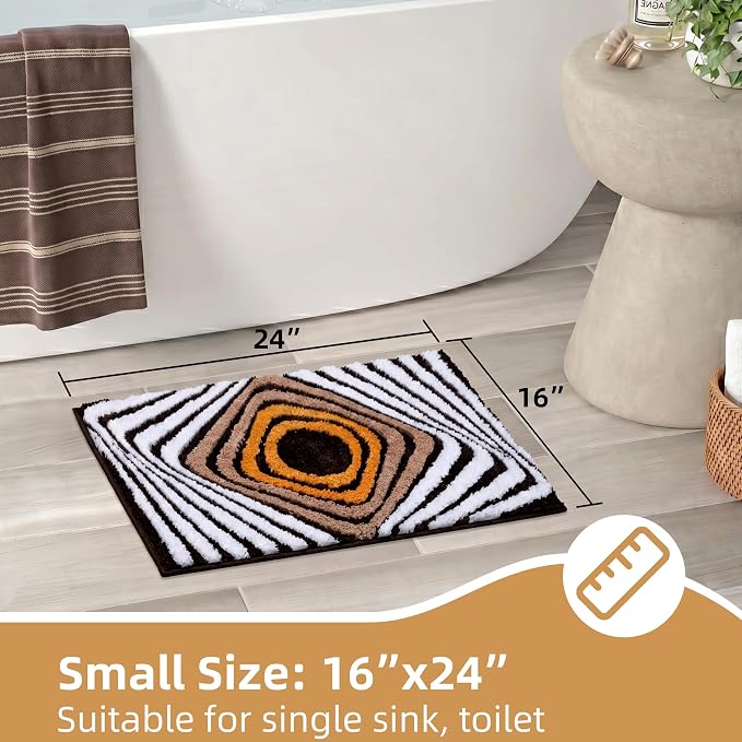 Microfiber Funky Bath Mat, Non Slip Absorbent High Pile Tufted Bath Rug with 3D Striped Pattern, Small Shower Rug for Bathroom Sink, Toilet, Tub, Machine Washable, 16"x24", Brown