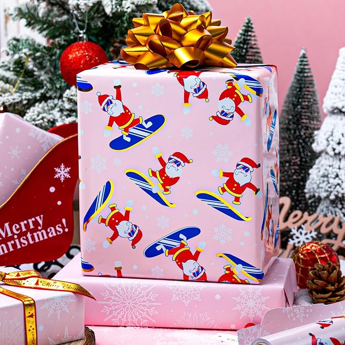 MAYPLUSS Christmas Wrapping Paper Roll - 17 Inch X 33 Feet - Skiing Santa Claus Gift Wrapping Paper Reversible Snowflake Thick Wrap Paper for Holiday Party New Year Kids