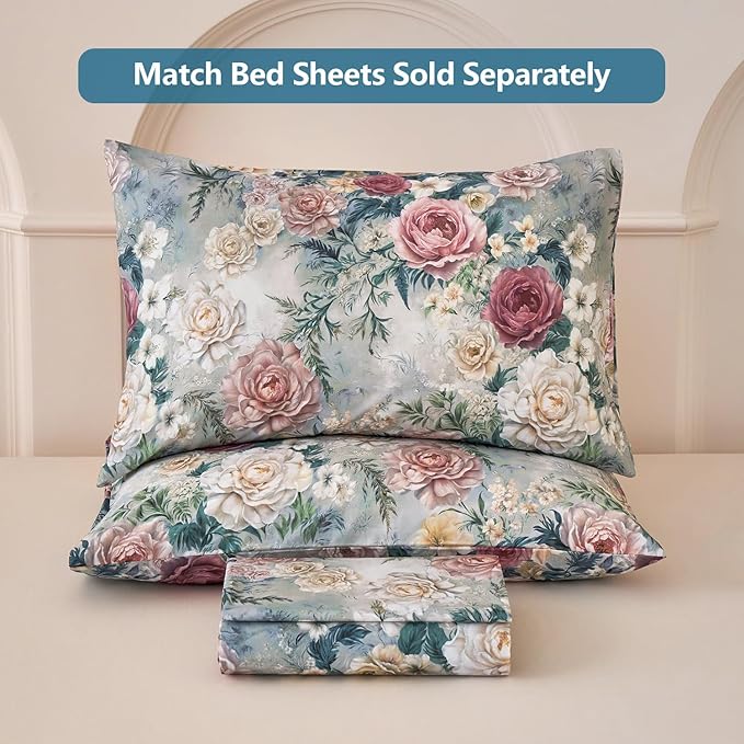 Blue Floral Duvet Cover Set 100% Percale Cotton Queen Size Shabby Vintage Chic Penoy Patterned Comforter Covers with Zipper，Soft & Breathable French Country Bedding 3Pcs-Not Comforter