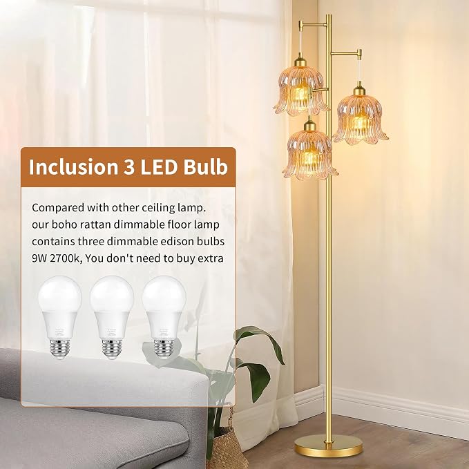 QIYIZM Glass Floor Lamp for Living Room,Bedroom,Mid Century Modern Standing Lamp Brass Tree 3 Light Tall Floor Lamps Vintage Floor Lights Gold Tulip Flower Lamp Shade Farmhouse Boho Bohemian