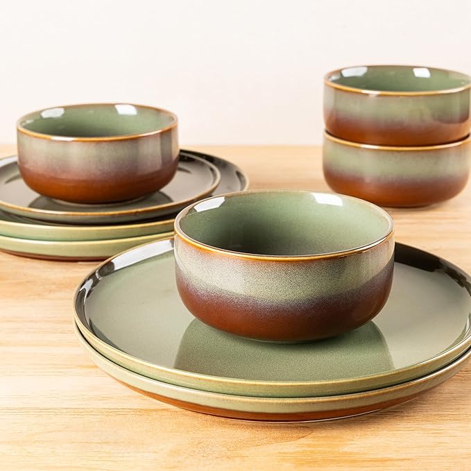 TheTerra Ceramic Dinnerware Sets for 6, 18 Pieces Handmade Reactive Glaze Plates and Bowls Set, Scratch Resistant Dish Set, Oven & Microwave & Dishwasher Safe, Sage Umber