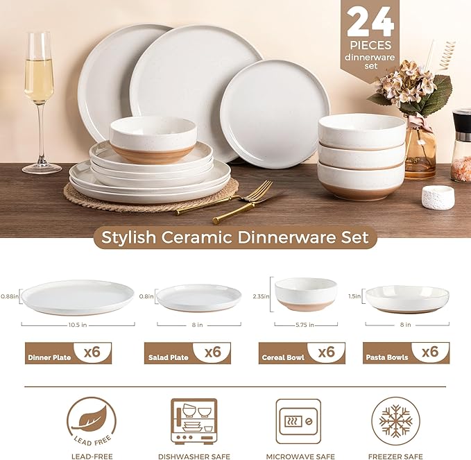 AmorArc Ceramic Dinnerware Sets with Pasta Bowls for 6, Handpainted Plates and Bowls Set with Rustic Terracotta Underside, Scratch Resistant Dishes Set, Dishwasher & Microwave Safe, 24 Pcs