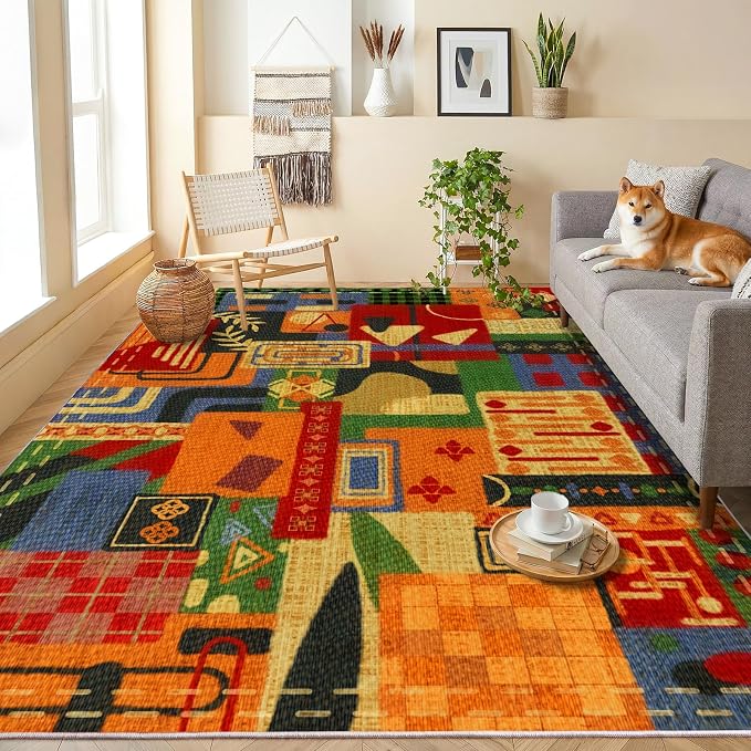 Washable 5x7 Colorful Abstract Area Rug, Boho Patchwork Rugs for Living Room, Multi-Color Modern Memphis-Inspired Throw Carpet, Non-Slip Low Pile Rug for Bedroom Dining Room Office Home Hardwood Floor