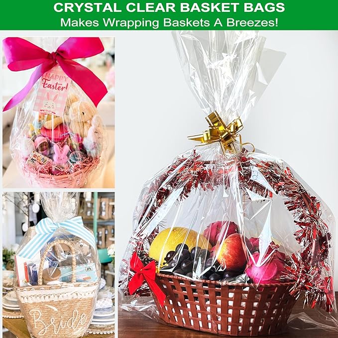 SYOGUA Large Clear Cellophane Bags, 3 Mil Thick 30" x 40" Jumbo Gift Baskets Bags, Crystal Clear Cellophane Wrap Big Plastic Christmas Gift Bags for Packaging 10 Pack