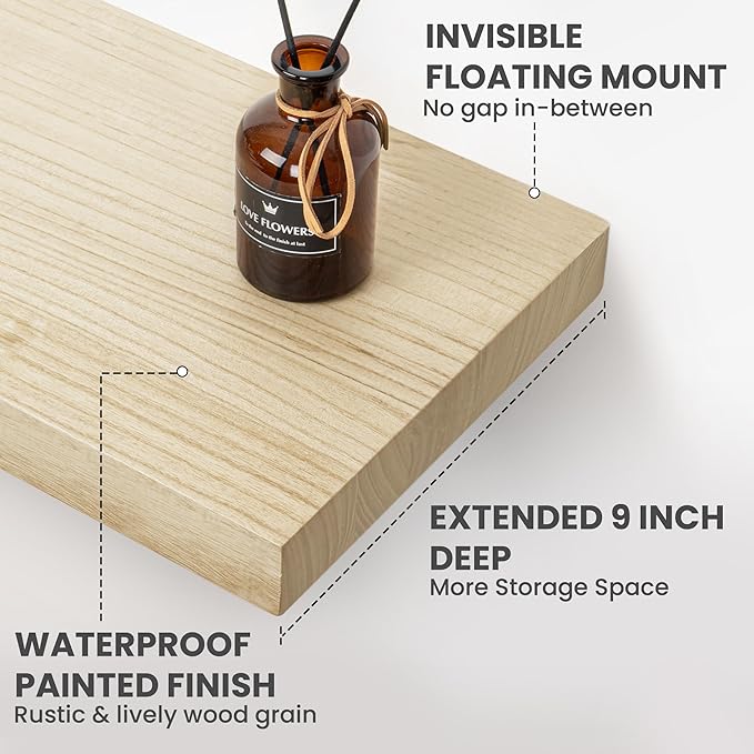 Solid Wood Floating Shelves For Wall, 55”W x 9”D x 1.56”H Large Wall Shelves for Living Room Bedroom Bathroom Kitchen Drcor Storage with Invisible Heavy-Duty Metal Bracket, Natural, Set of 1