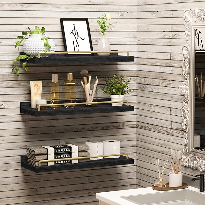 RYOFOBETTO Floating Shelves for Wall Decor, Black and Gold Shelves for Bathroom, Living Room, Bedroom, Picture Frames, Plants, Kitchen (Set of 3)