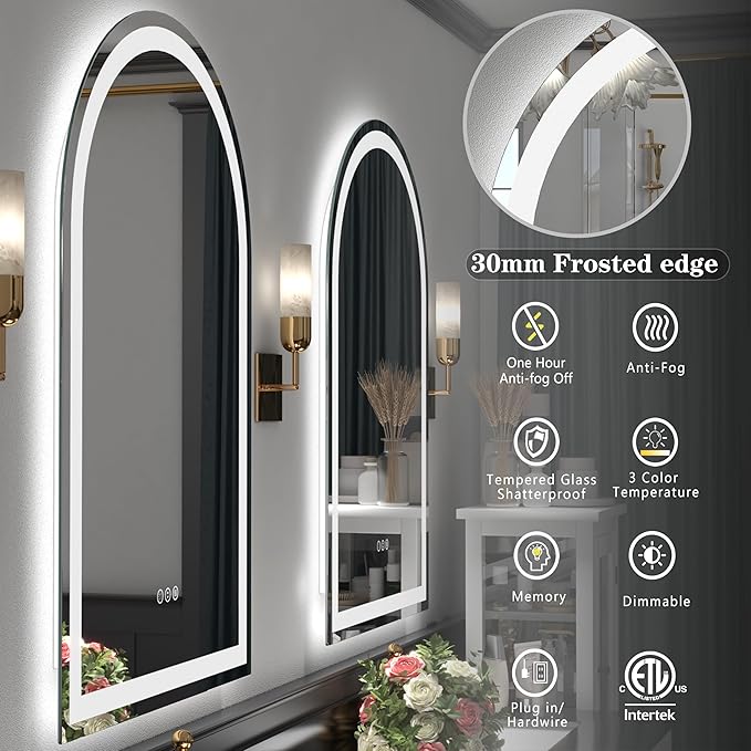24x32 Arched LED Bathroom Mirror with Lights, Lighted Bathroom Vanity Mirror for Wall, Dimmable Backlit and Frontlit, Anti-Fog, Memory, ETL Listed