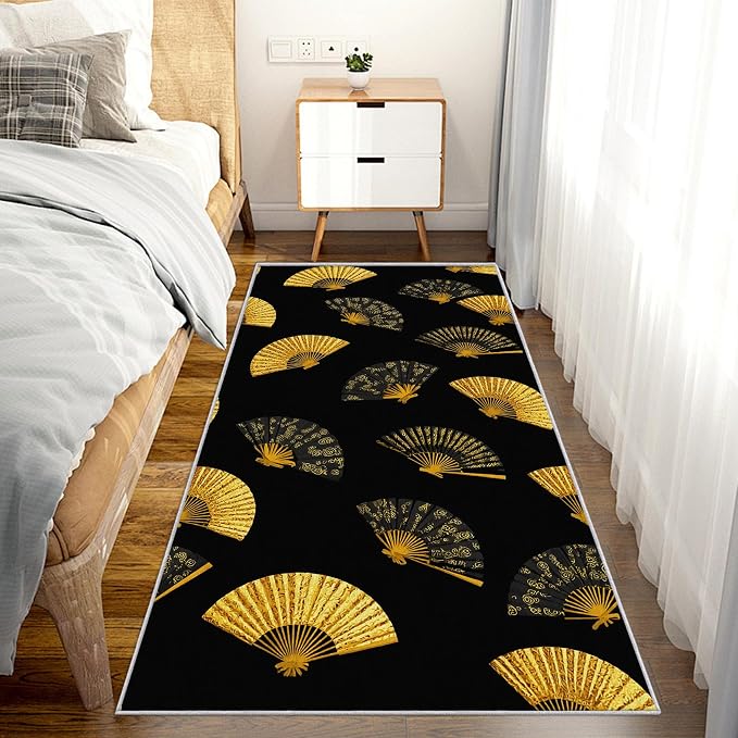 Oriental Fan Runner Rug 3x8, Black and Gold Vintage Asian Design, Japanese Style Area Rug, Washable Carpet Runner for Bedroom, Standard Hallways, Kitchen Walkway, Dining Room Sideboard