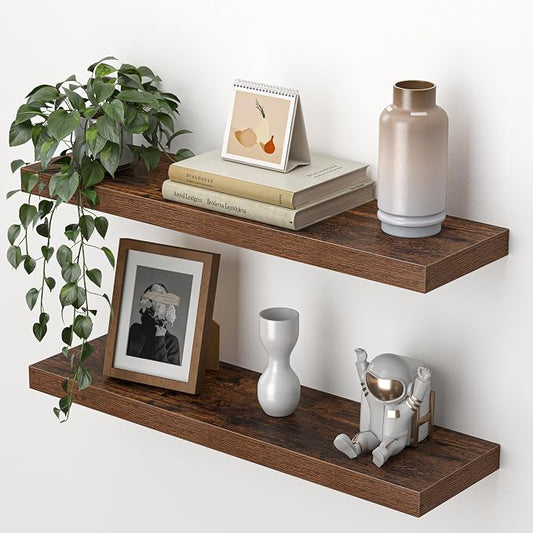 Heimlove 24 Inch Floating Shelves for Wall,Mounted Storage Wood Shelves with Invisible Brackets Hanging Shelf for Bedroom,Living Room,Kitchen,Office,Set of 2,Rustic Brown