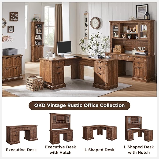 OKD 60" Executive Desk with Drawers, Farmhouse Home Office Desk with Charging Station, Keyboard Tray, File Cabinet Storage, Wood Computer Desk for Work and Study, Reclaimed Barnwood